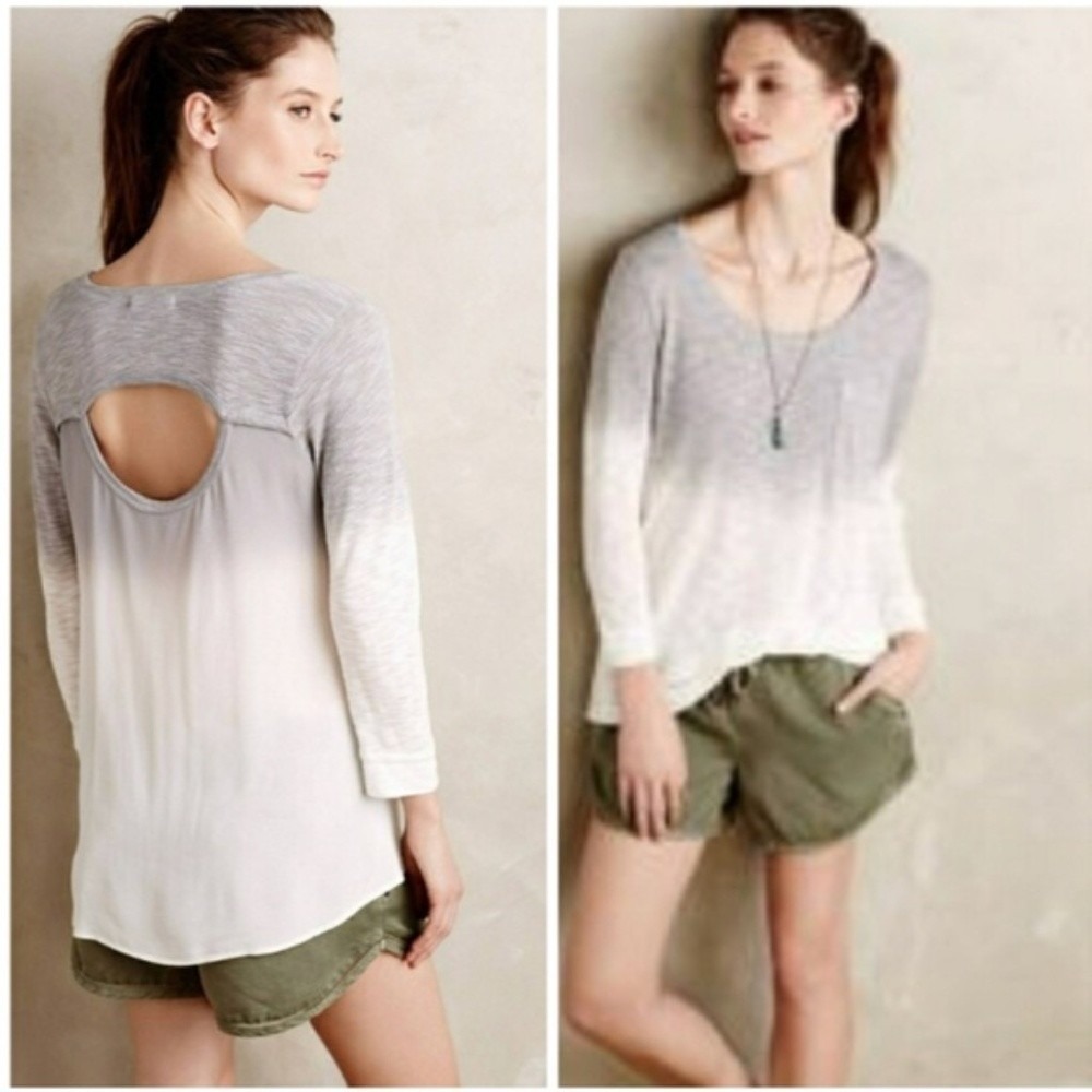 Language Anthropologie Grey White Ombre Keyhole‎ Back Slub Knit Top Large NEW